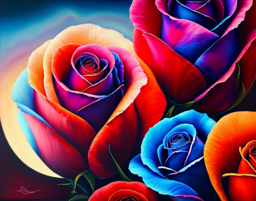 Colorful Multicolored Roses Painting with Glowing Effect