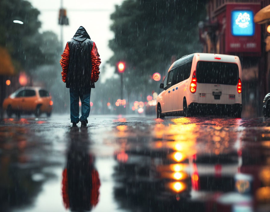 Figure in hooded raincoat walking on rainy street with car and traffic light reflections.