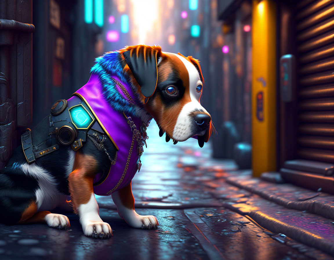 Digital artwork: Beagle puppy in futuristic harness in neon-lit alleyway