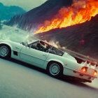 Vintage white sports car fleeing forest fire on mountain road.