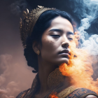 Majestic woman with crown under soft light and smoke swirls