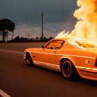 Vintage orange car with flames driving on road at twilight