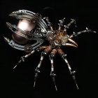 Detailed Robotic Spider with Red Accent on Black Background