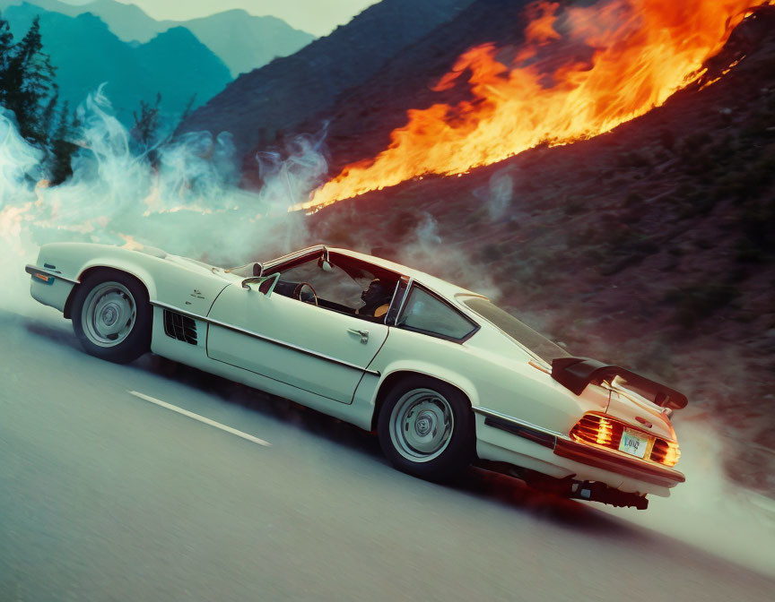 Vintage white sports car fleeing forest fire on mountain road.