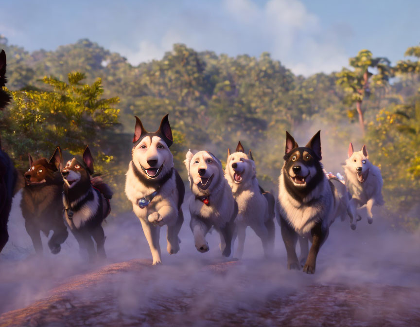 Joyful animated huskies running in forest clearing with sunlight.
