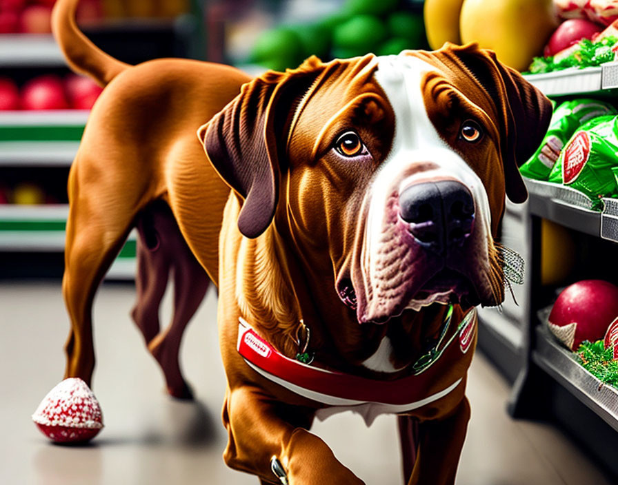 Muscular brown and white dog with red collar in grocery aisle.