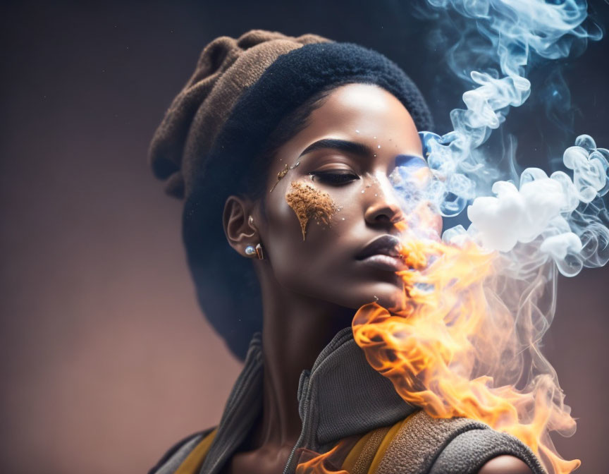 Artistic makeup woman exhales orange and blue smoke in mystical attire.