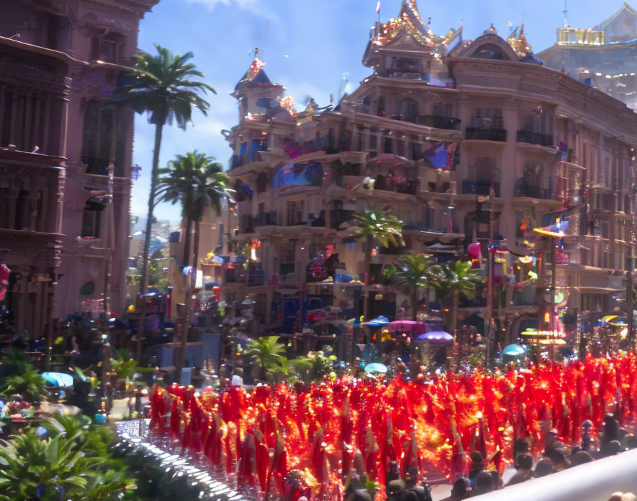 Colorful Street Parade with Performers in Red Costumes and Spectators under Sunny Sky