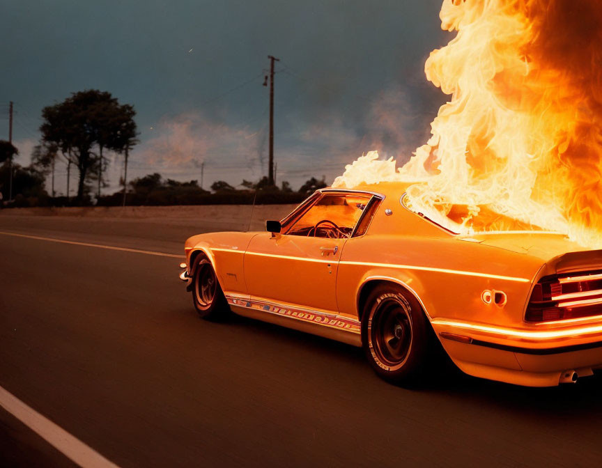 Vintage orange car with flames driving on road at twilight