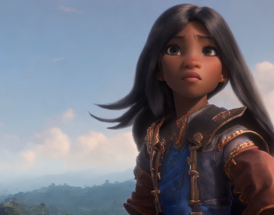 Young girl in blue and gold outfit with wide eyes in animated landscape