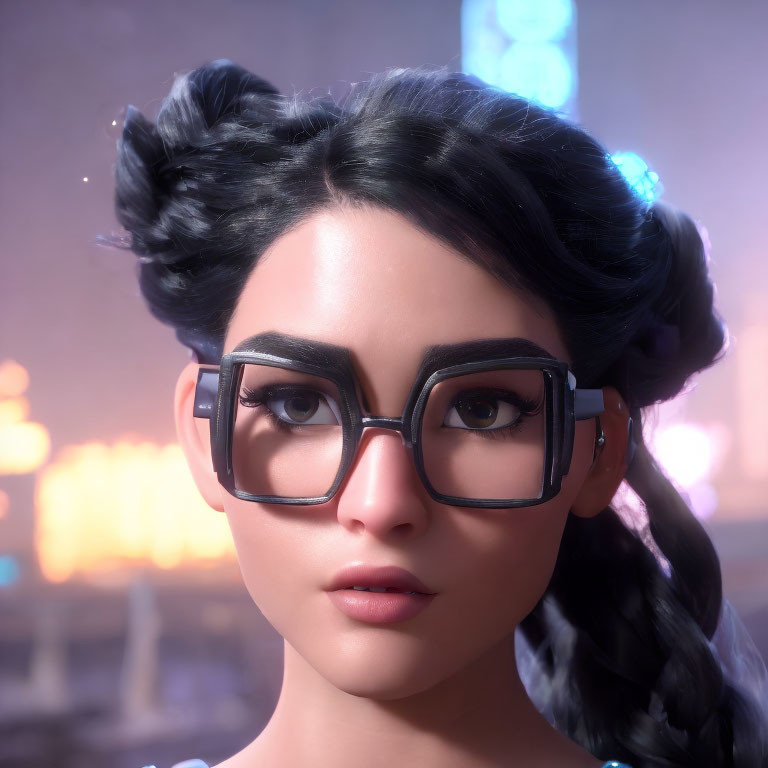 Female character with glasses and braided hair in 3D cityscape setting