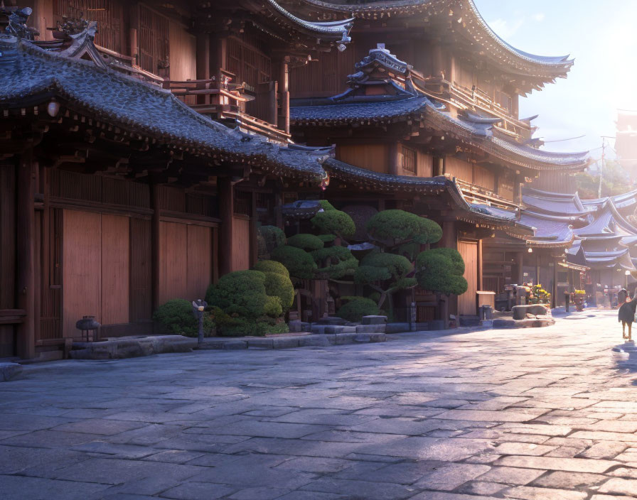 Traditional Asian temple with intricate wooden carvings at sunset