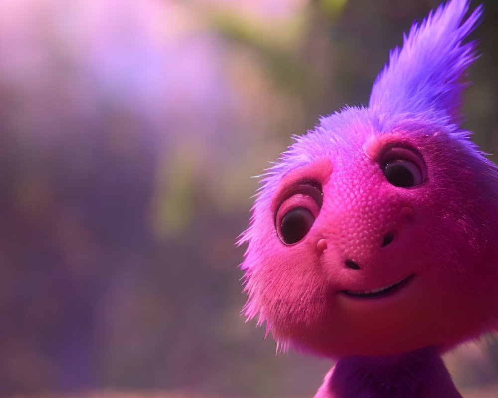 Purple animated character with pink hair smiling in glowing sunlight.