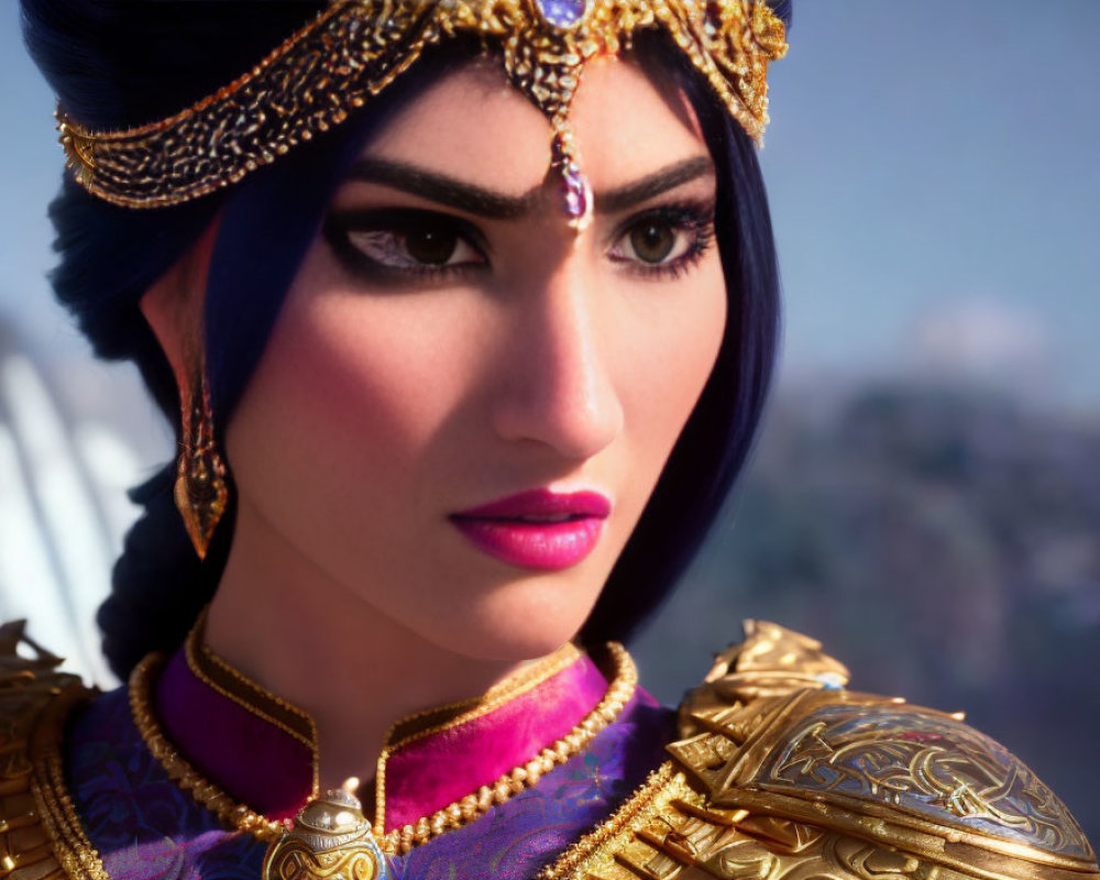 Detailed close-up of animated character with golden crown, jewelry, purple attire, and striking eyes.