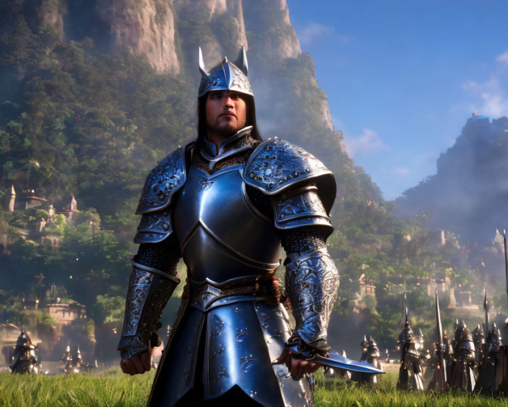 Knight in ornate armor with sword on misty battlefield surrounded by mountains