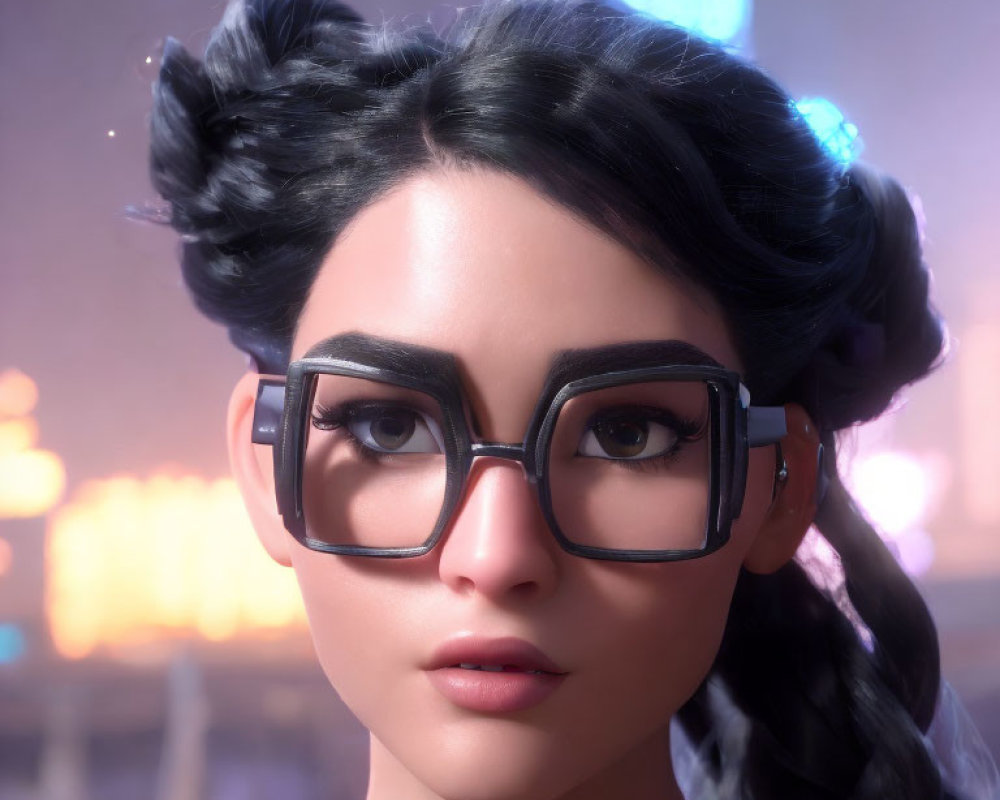 Female character with glasses and braided hair in 3D cityscape setting