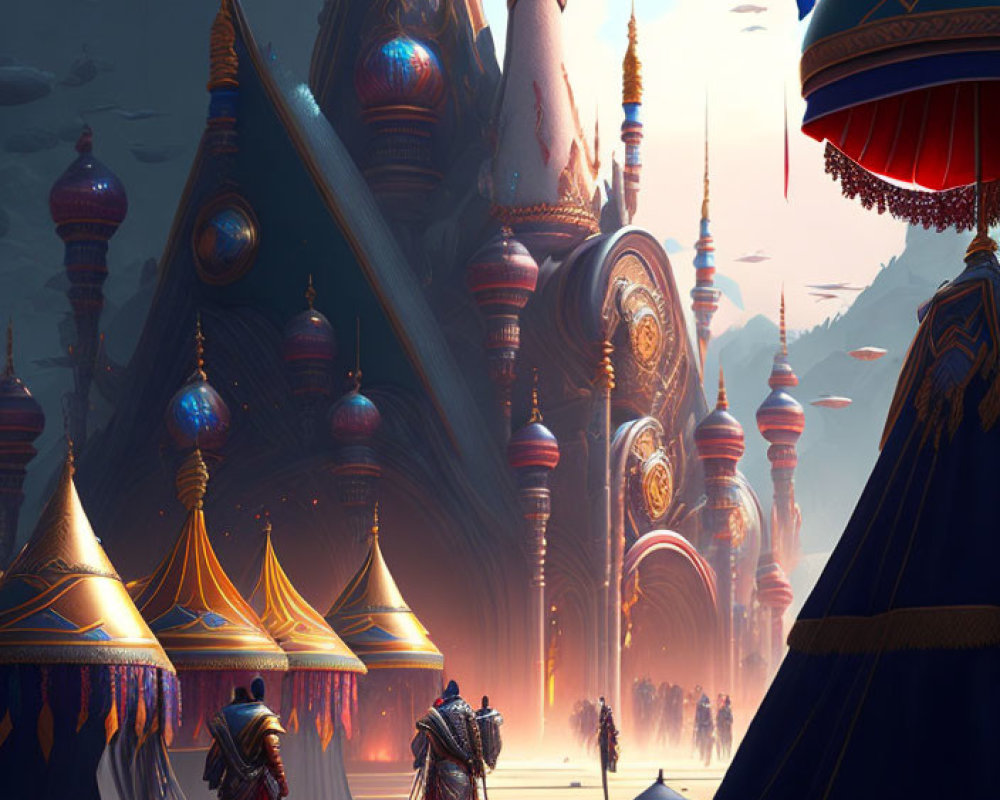 Fantasy landscape with ornate spires and glowing light in a mystical city.