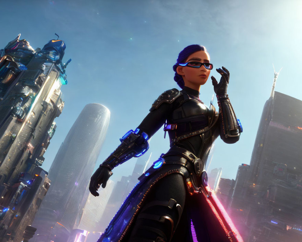 Futuristic female character with glasses in sleek black suit in vibrant cityscape