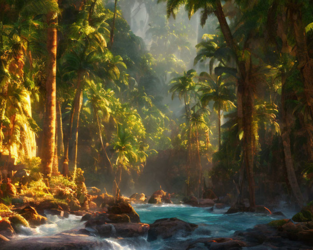 Tropical jungle with river under sunlight and palm trees