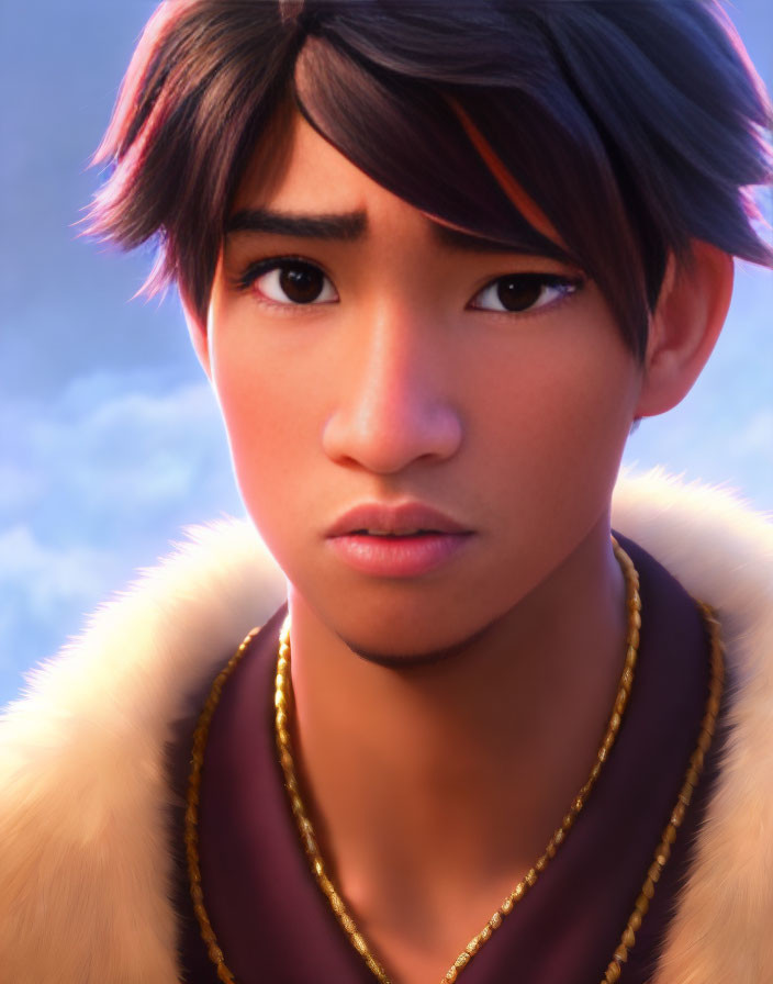 Close-up of animated character with dark hair and determined expression in fur-trimmed outfit and gold necklace