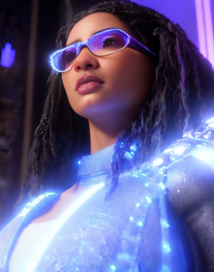 Female in illuminated attire and reflective shades against neon backdrop