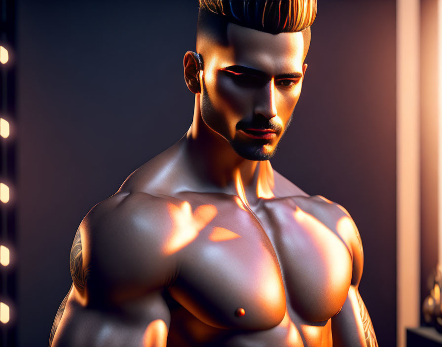 Muscular man with stylish haircut and beard in 3D render against dark backdrop