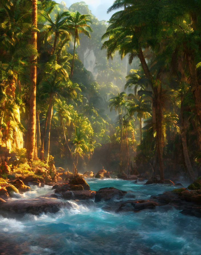 Tropical jungle with river under sunlight and palm trees