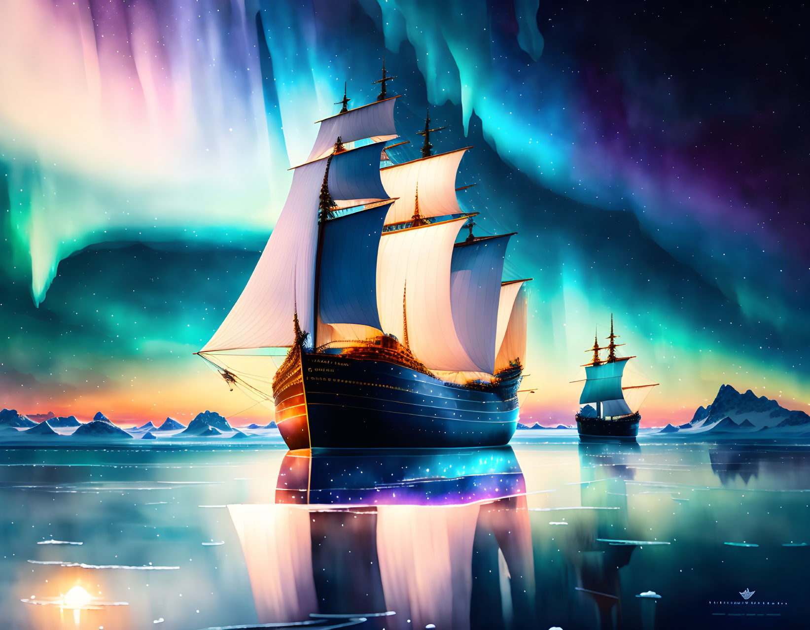 Sailing ships on calm sea under aurora borealis