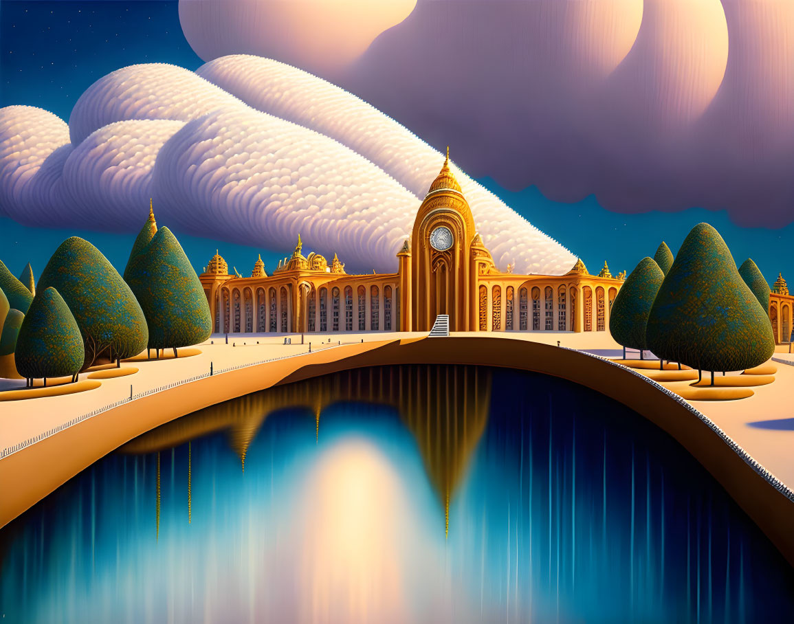 Surreal landscape featuring ornate clock tower, stylized trees, reflective waterway, and elong