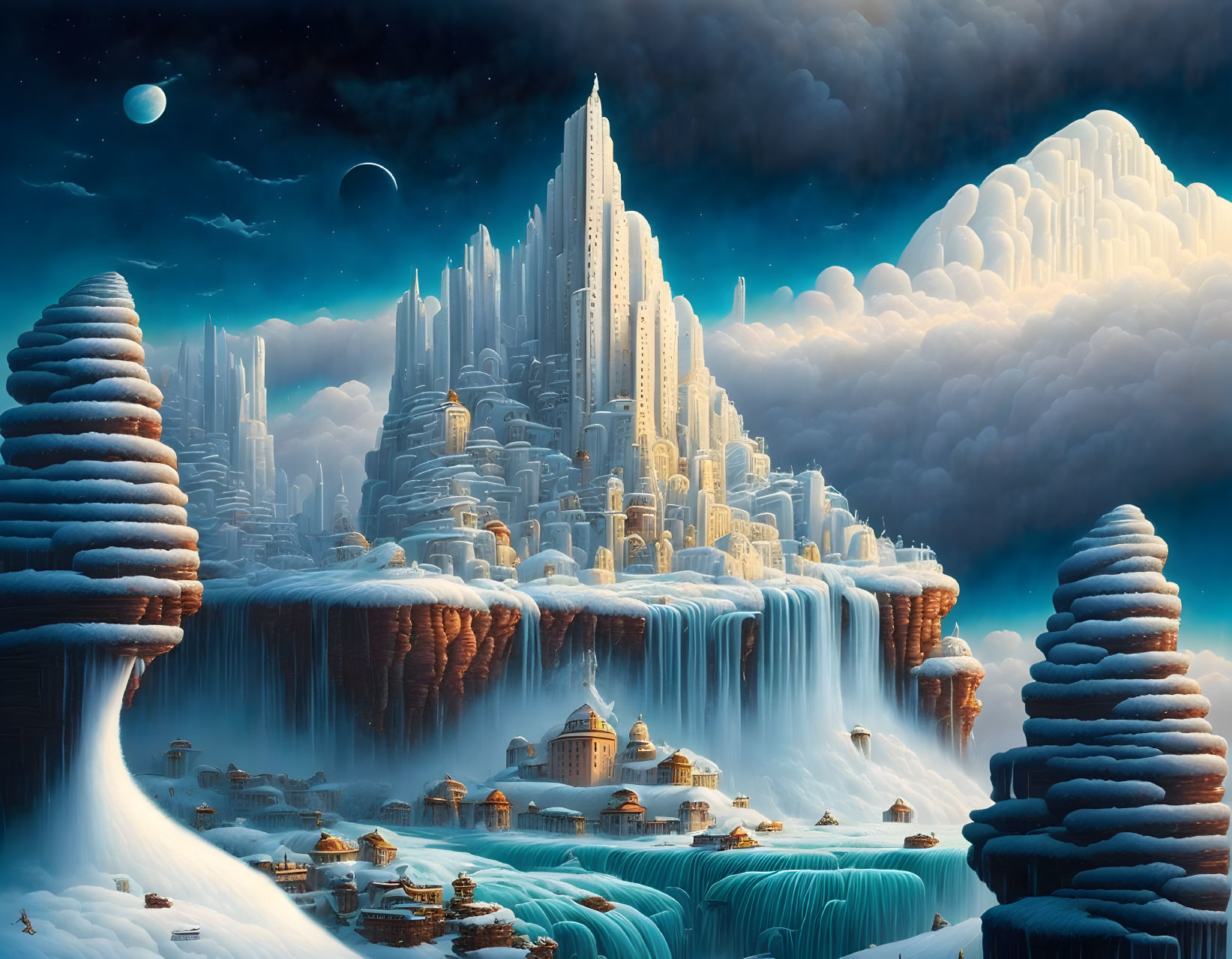 Fantastical cityscape with towering structures and waterfalls at twilight