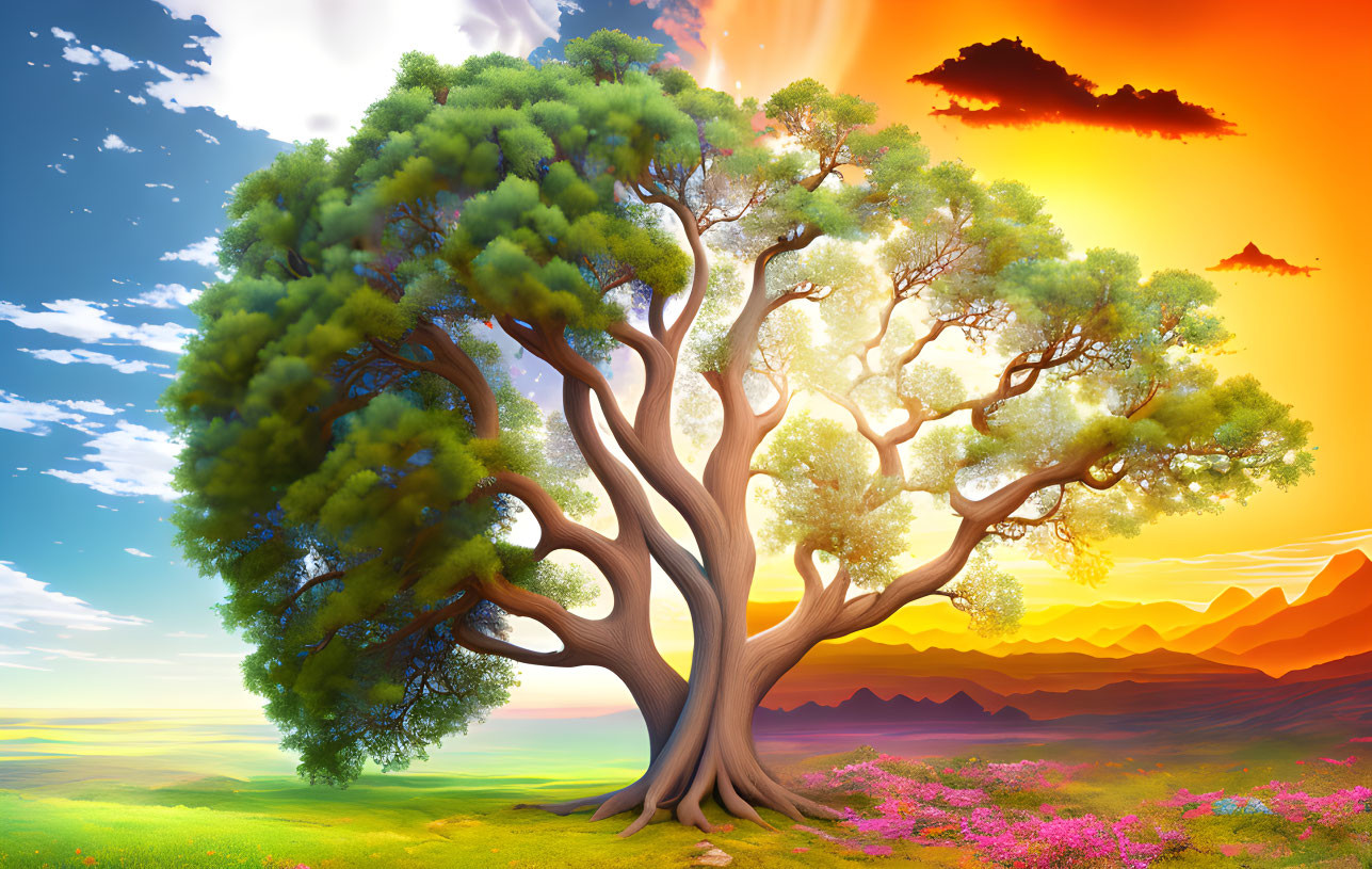 Colorful digital artwork: Large tree, sunset sky, mountains, pink flowers