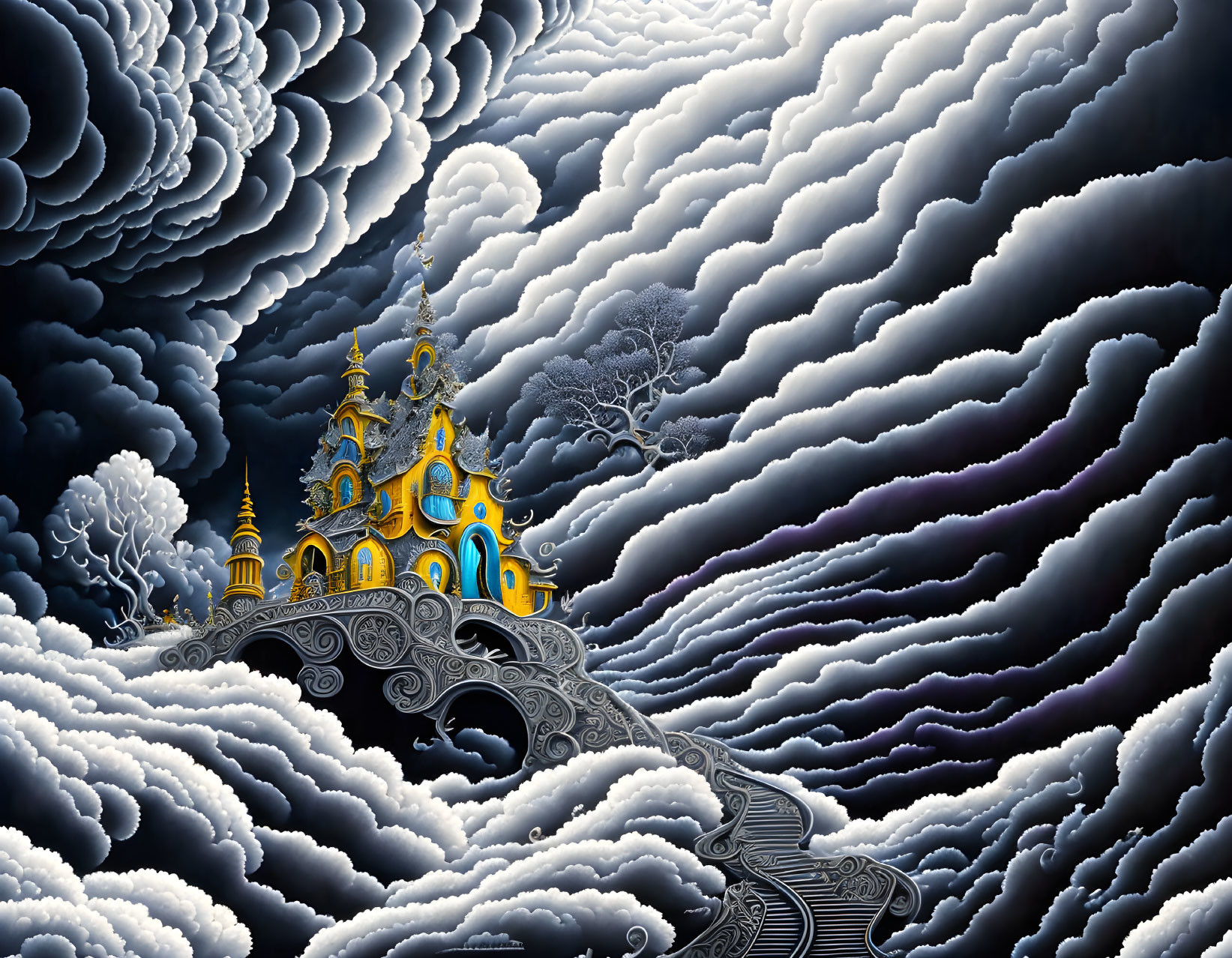 Vibrant blue and gold temple in textured cloud layers