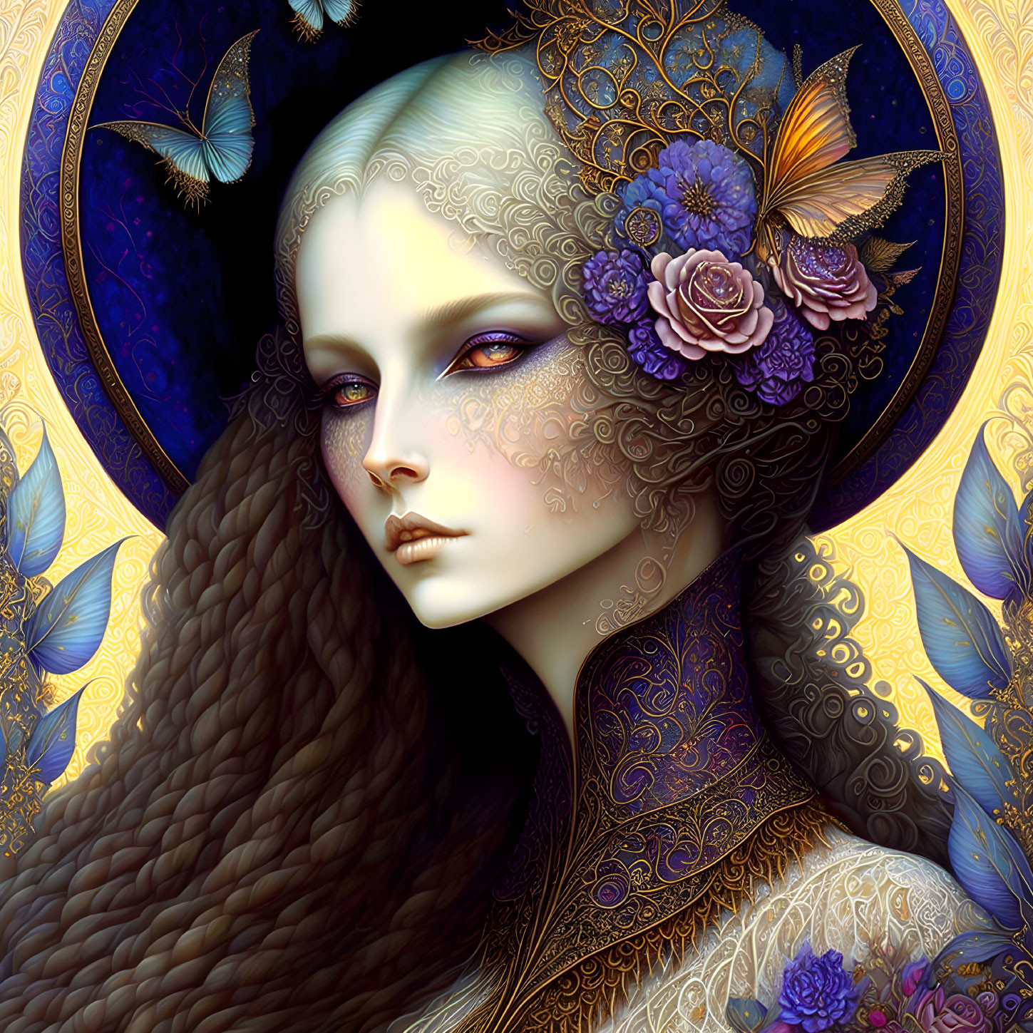 Digital artwork: Woman with pale skin, long brown hair, adorned with golden patterns, flowers, and