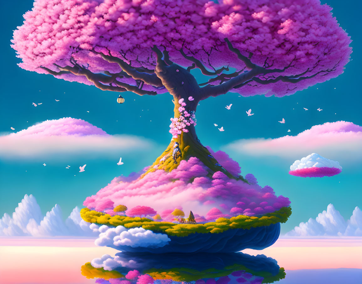 Vibrant floating island with pink tree, house, and hot air balloon