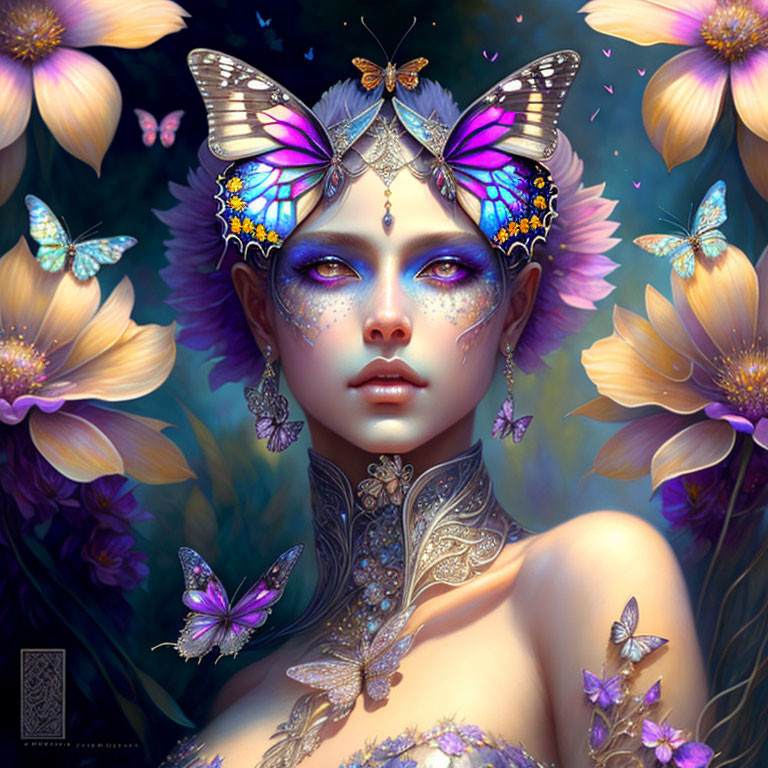 Fantastical portrait of woman with butterfly motifs and floral surroundings