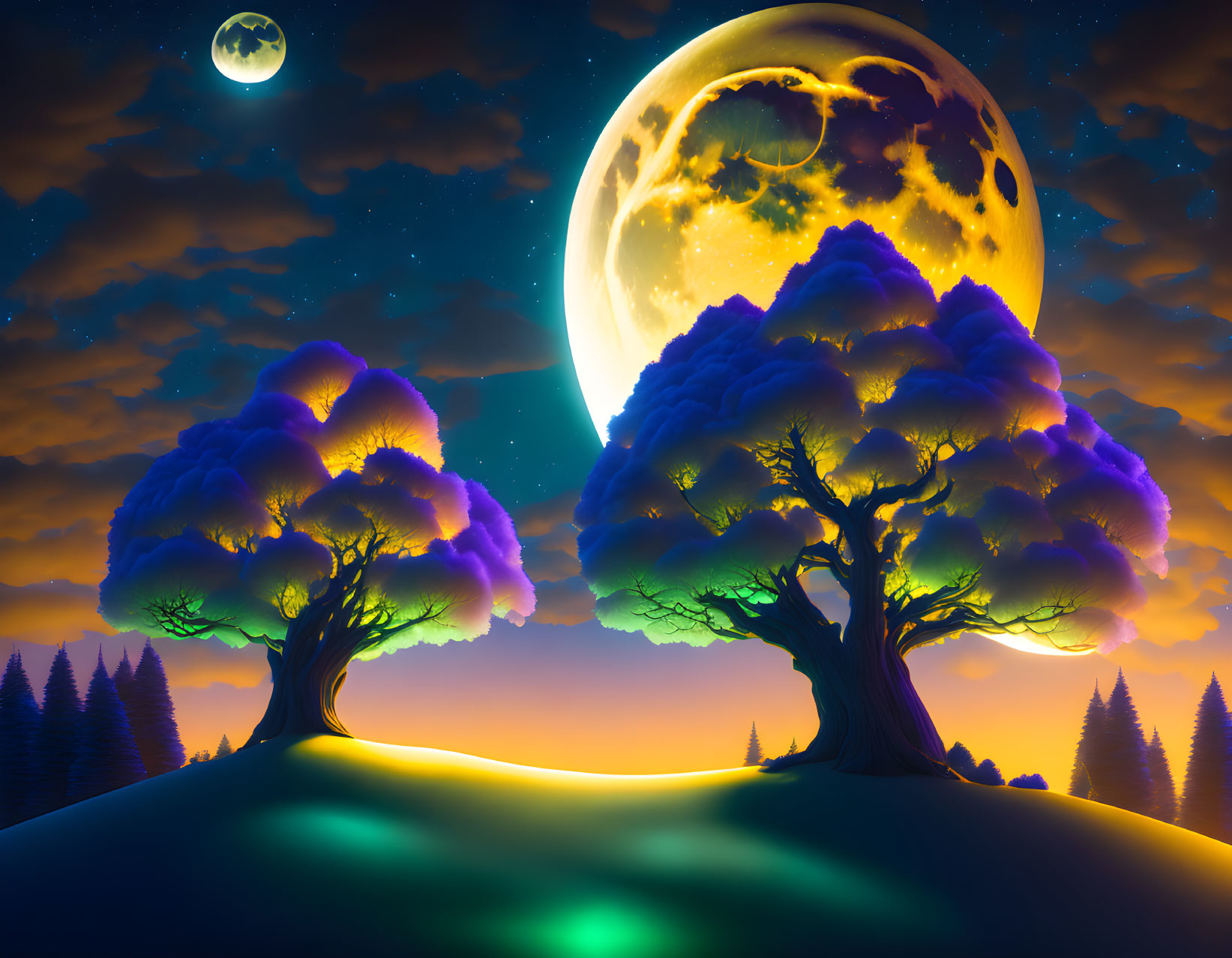 Digital Art: Two Large Trees with Purple Foliage under Starry Sky