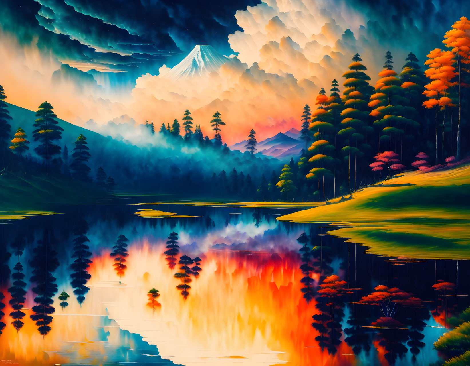 Colorful Mountain Landscape with Forest, Lake, and Cloudy Sky