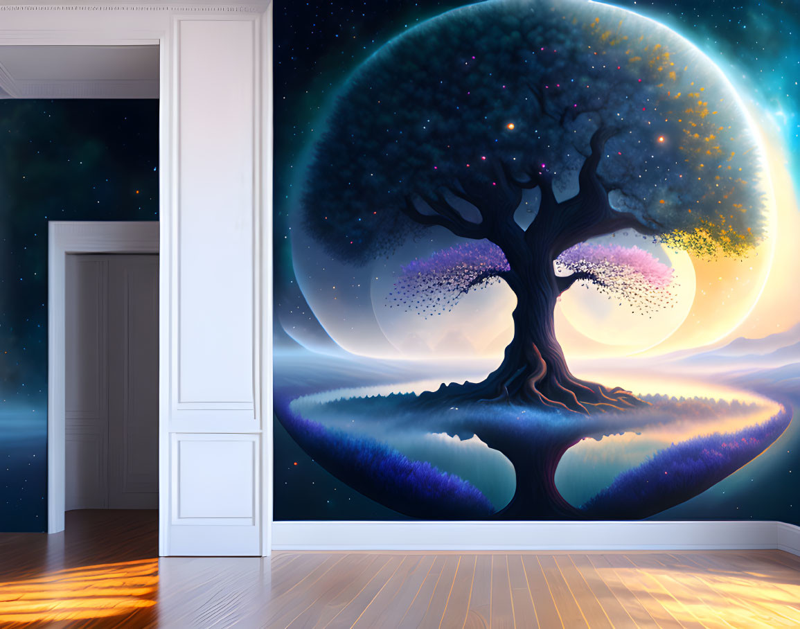 Room with Hardwood Floors and Wall Mural of Fantastical Tree and Cosmic Elements