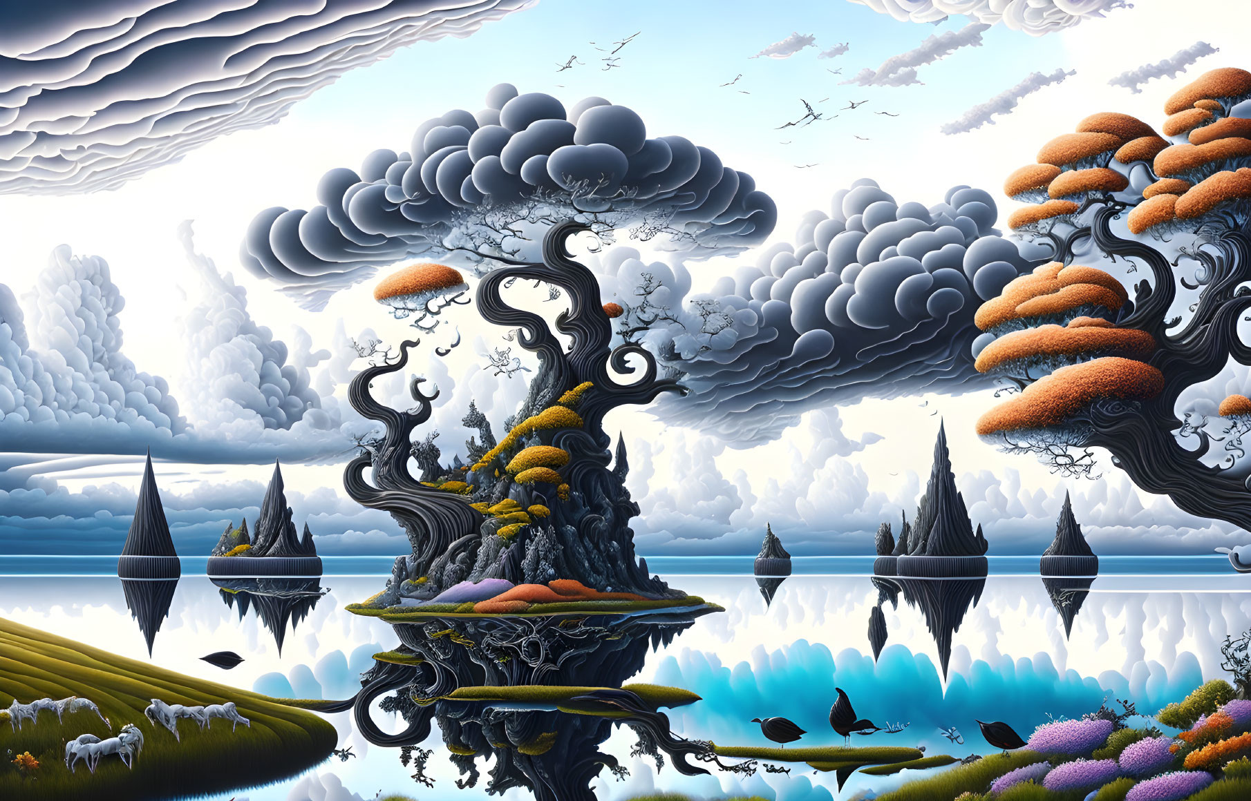 Vibrant surreal landscape with floating islands and whimsical trees