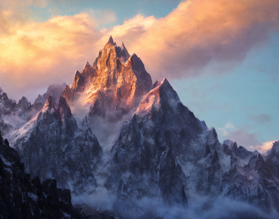 Misty sunset over majestic mountain peaks