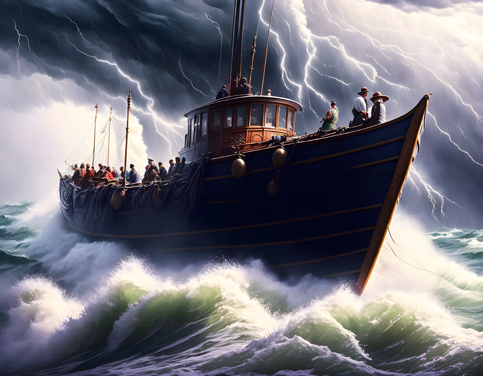 Stormy Sea Fishing Boat Artwork with Lightning Sky