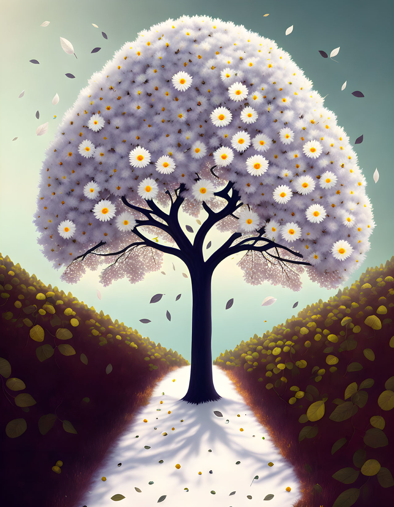 Whimsical tree with daisy-like flowers and floating petals under soft light