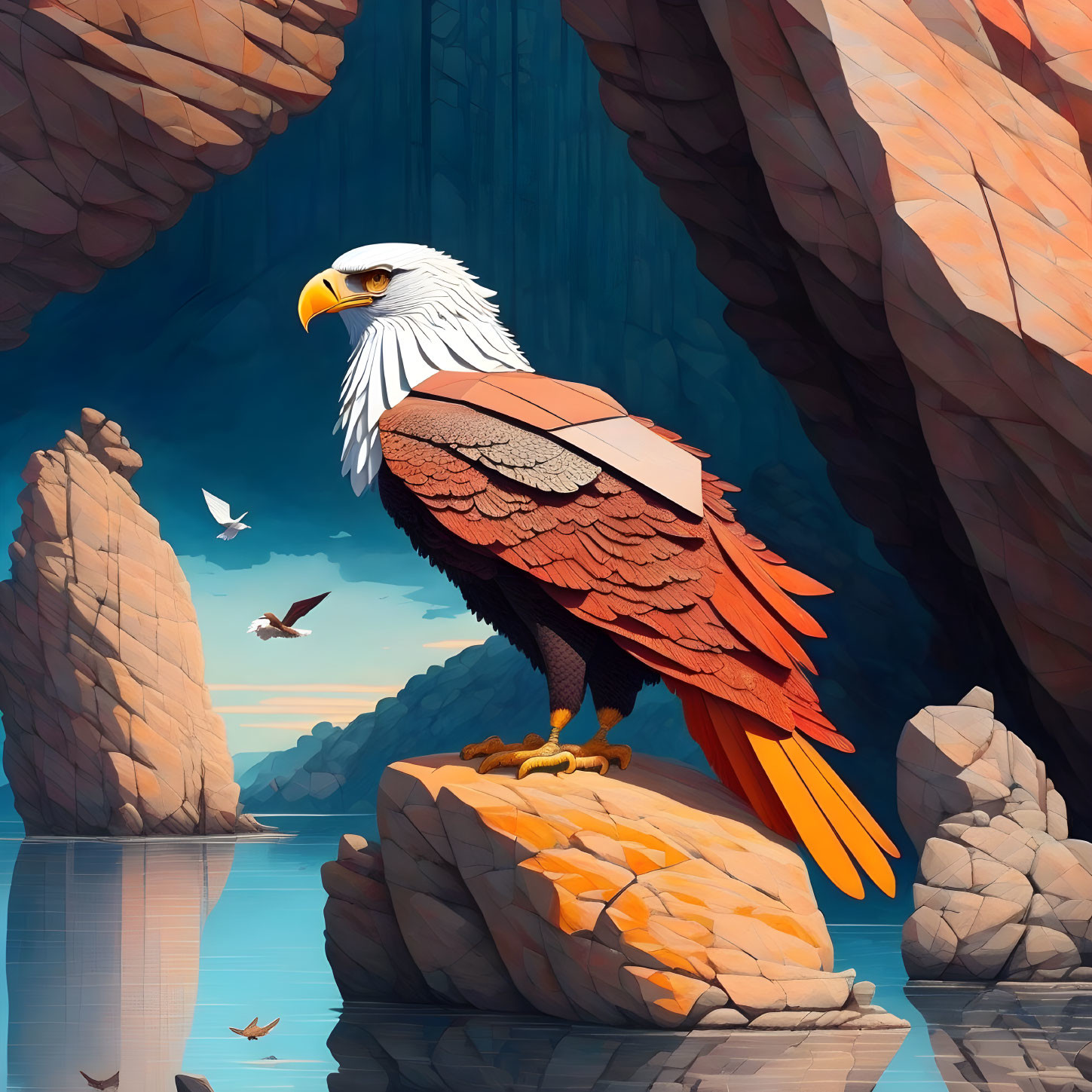 Illustrated eagle perched on rock in vivid canyon with reflective water and soaring birds in background.