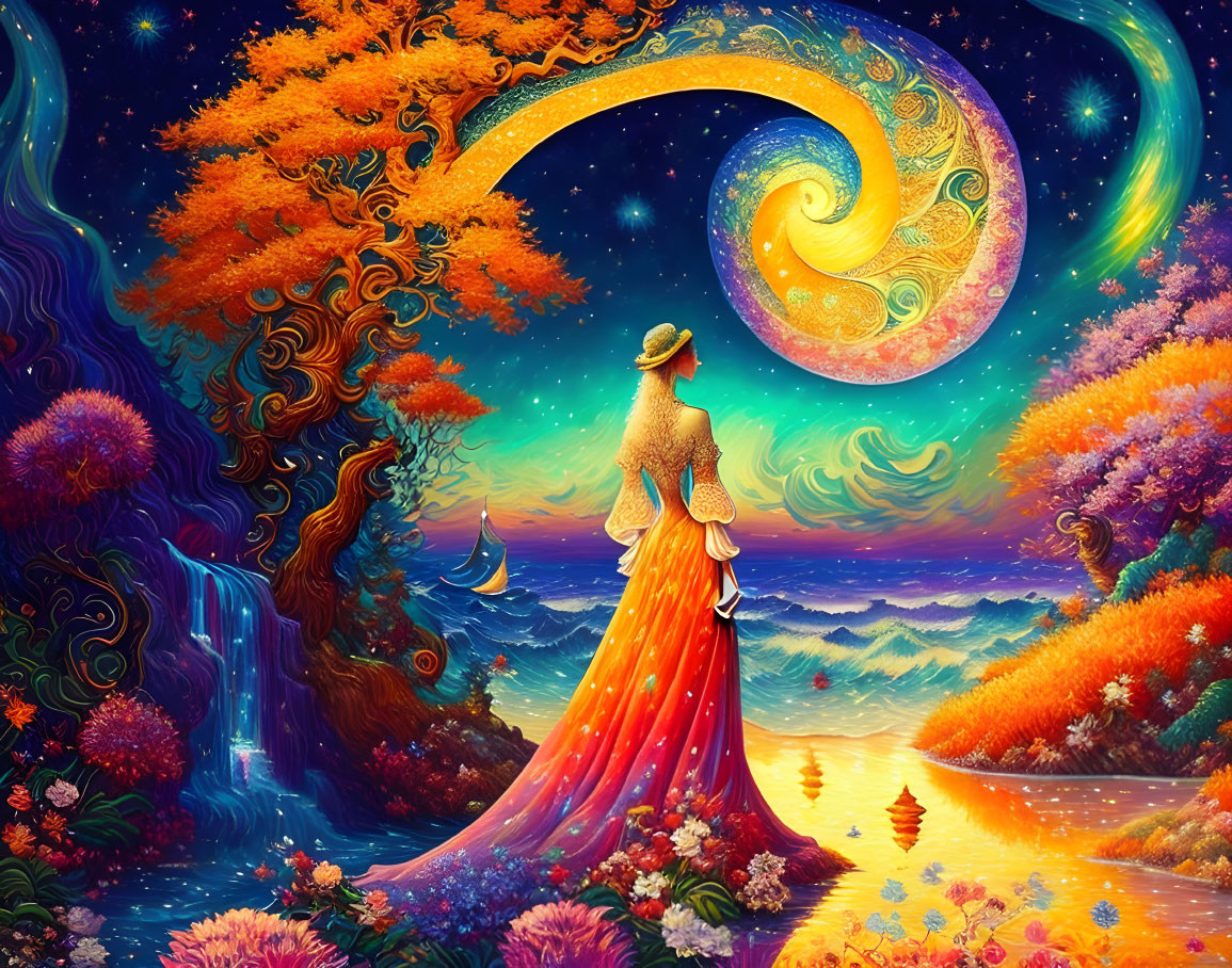 Colorful surreal artwork: Person in flowing robe gazes at celestial body above dreamlike seascape