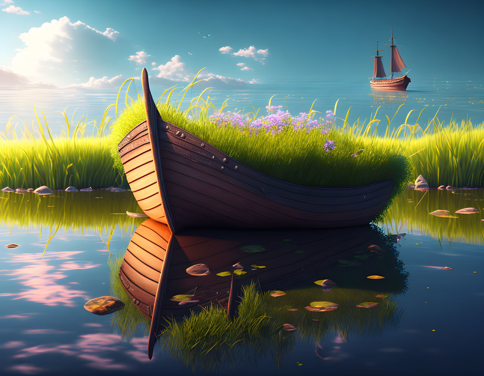 Tranquil lakeside view with rowboat and sailboat