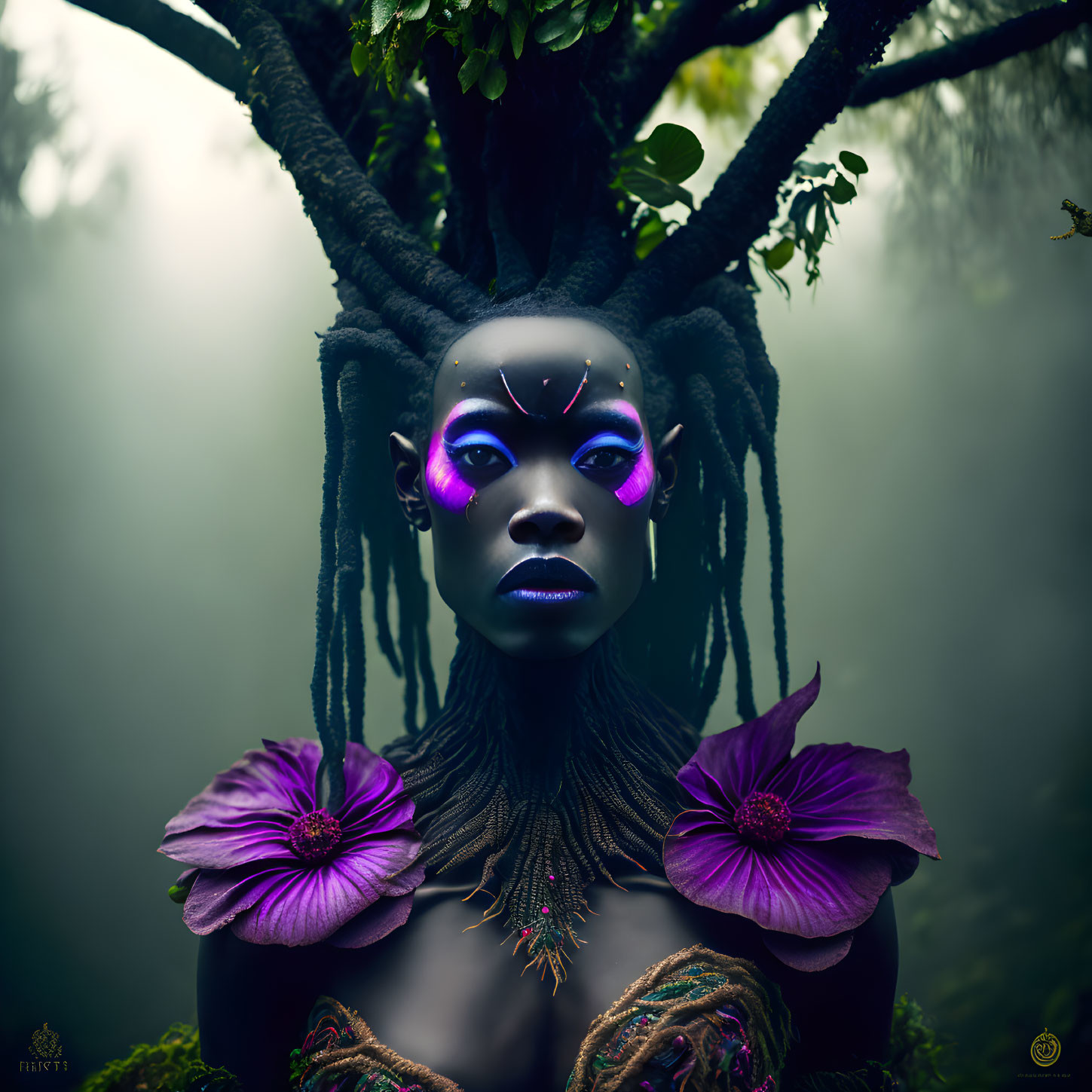 Artistic tribal makeup and dreadlocks with purple flowers in misty forest setting