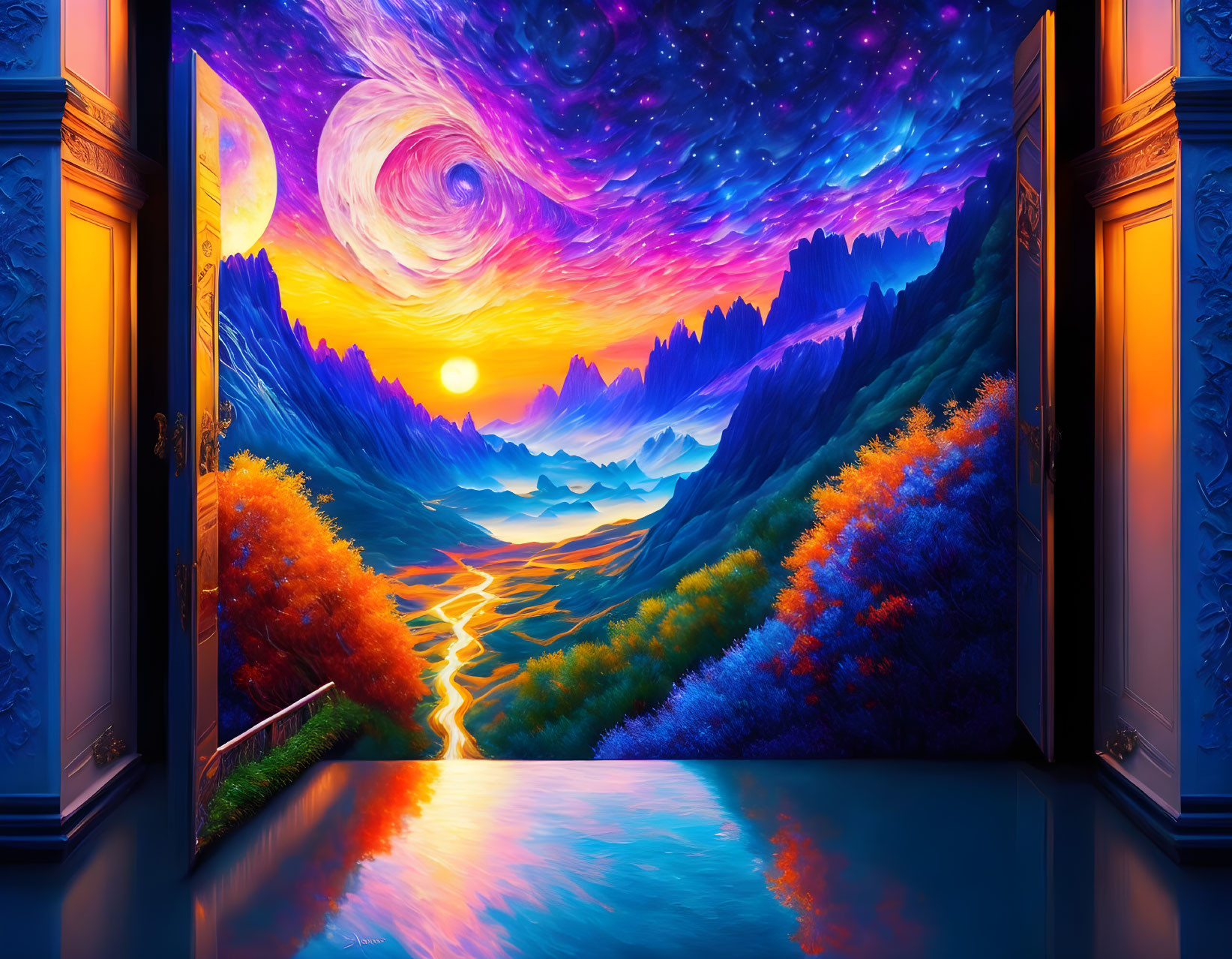 Colorful digital artwork: Open window view of fantastical landscape.