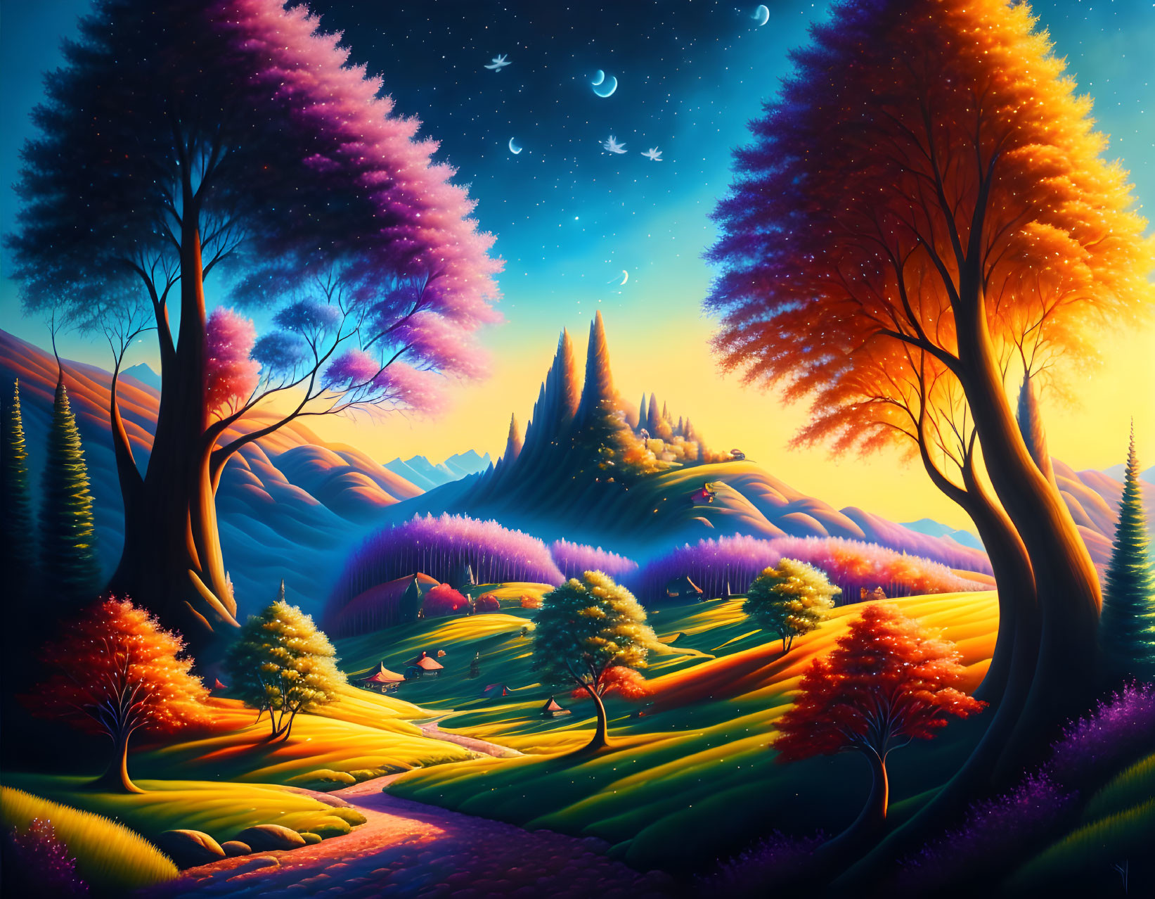 Colorful Trees and Winding Path in Fantasy Landscape