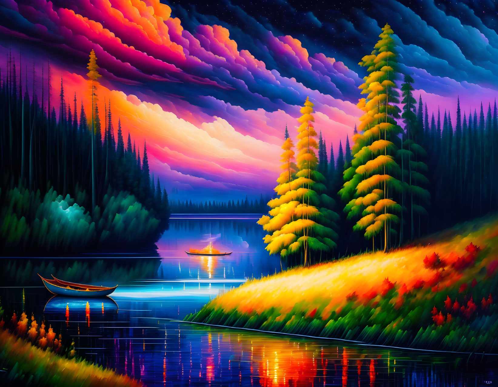 Scenic landscape painting: sunset sky, pine trees, reflective lake, rowboat, colorful foliage