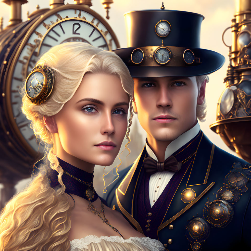 Steampunk couple in Victorian attire with clockwork accessories and intricate clocks.